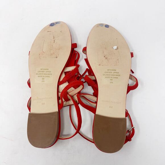 Marc Fisher 6 Red Suede Leather Charm Tiered Fringe Strappy Sandals Flat Ankle - Picture 8 of 10